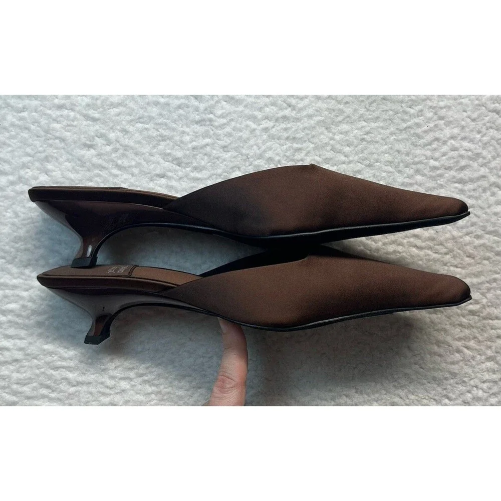Jeffrey Campbell Heels Womens 8 Brown Satin Esmerelda Square Mules Kitten Heel
